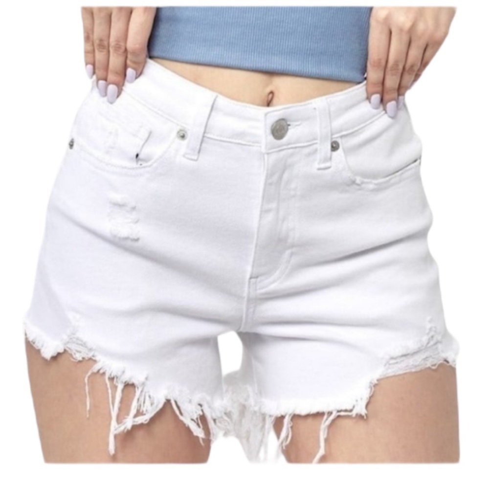 RISEN White High Rise Distressed Denim Shorts Small Raw Hem Cutoff Jean Shorts